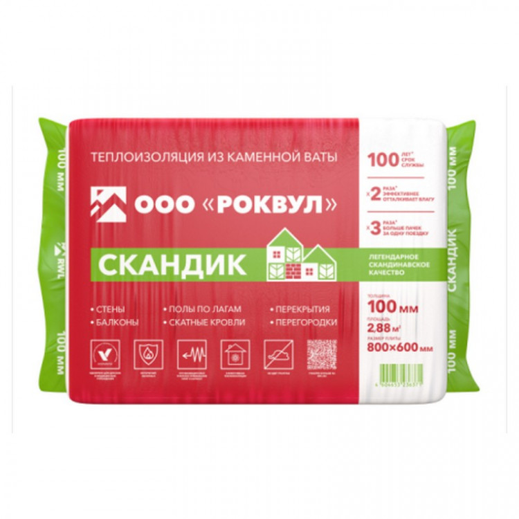Утеплитель Роквул Лайт Баттс Скандик 800х600х100мм 2,88м2  (0,288м3) 6шт/упак 36упак/пал